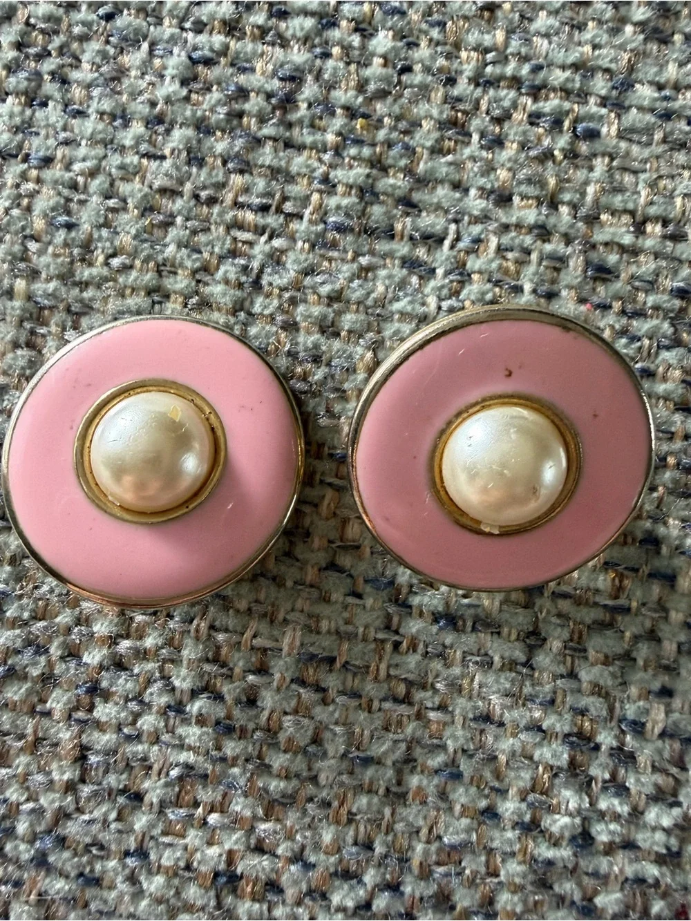 Vintage Pink Enamel Faux Pearl Center Clip-On Earrings... 1960-1970